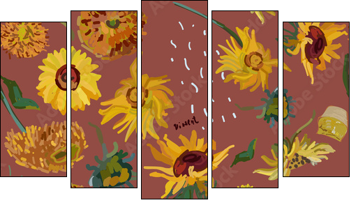 Sunflower flowers on a background of sea green. Vector illustration based on the painting of Van Gogh. - Five-piece canvas print, Pentaptych