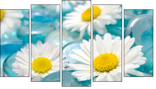 Daisy Flowers on Blue Glass Stones - Five-piece canvas print, Pentaptych