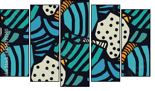 Creative seamless pattern in the style of Picasso. Various hand-drawn geometric shapes in turquoise, gold tones. Grunge texture. Minimalistic vintage design. Crazy art Wallpaper. Vector illustration. - Five-piece canvas print, Pentaptych