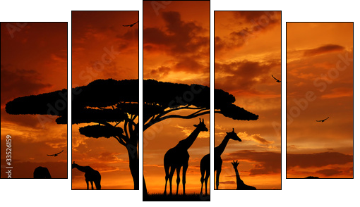 herd of giraffes in the setting sun - Five-piece canvas print, Pentaptych