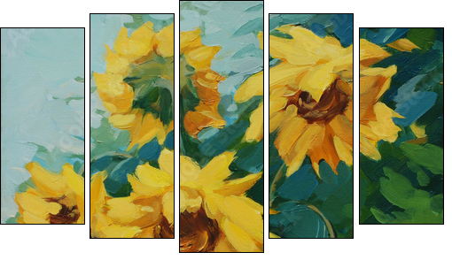 field with sunflowers drawn on a canvas oil,  illustration, pain - Five-piece canvas print, Pentaptych