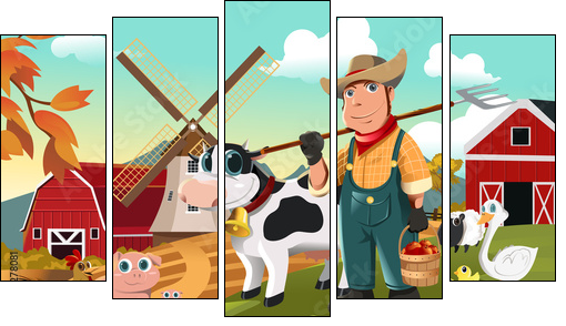Farmer at the farm with animals - Five-piece canvas print, Pentaptych