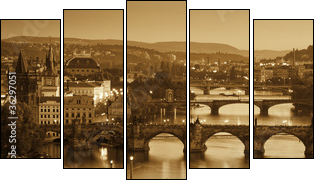 View at The Charles Bridge  and Vltava river, Sepia - Five-piece canvas print, Pentaptych