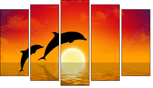 illustration of two dolphins swimming in sunset - Five-piece canvas print, Pentaptych
