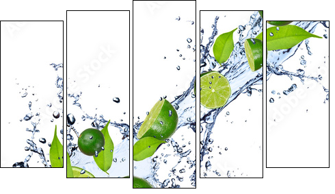 Limes falling in water splash, isolated on white background - Five-piece canvas print, Pentaptych