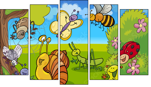 cartoon insects on the meadow - Five-piece canvas print, Pentaptych