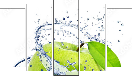 Green apple with water splash, isolated on white background - Five-piece canvas print, Pentaptych