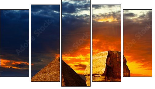 Great Sphinx and the Pyramids at sunset - Five-piece canvas print, Pentaptych