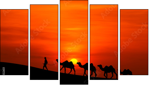camel caravan sillhouette with sunset - Five-piece canvas print, Pentaptych