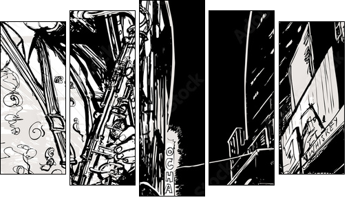 saxophonist playing saxophone in a street - Five-piece canvas print, Pentaptych