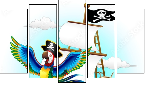 Pappagallo su Nave Pirata Cartoon Pirate Macaw Parrot on Ship - Five-piece canvas print, Pentaptych