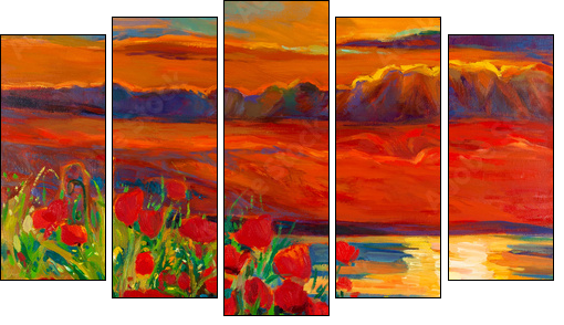 Poppy and ocean - Five-piece canvas print, Pentaptych