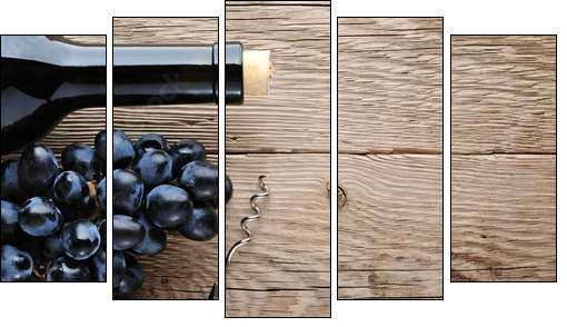 Bottle of wine, corkscrew and grape on wooden background - Five-piece canvas print, Pentaptych