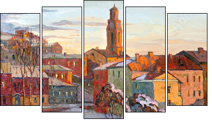 the city landscape of Vitebsk drawn with oil on a canvas - Five-piece canvas print, Pentaptych