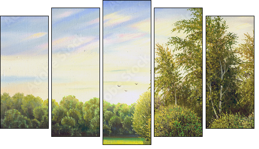 beautiful summer landscape, canvas, oil - Five-piece canvas print, Pentaptych
