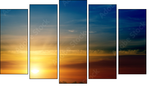 dramatic sunset over green field - Five-piece canvas print, Pentaptych
