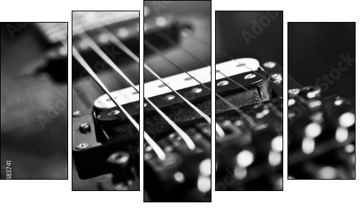 Strings electric guitar closeup in black tones - Five-piece canvas print, Pentaptych