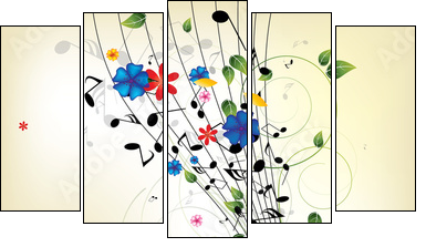 Floral musical background with notes - Five-piece canvas print, Pentaptych