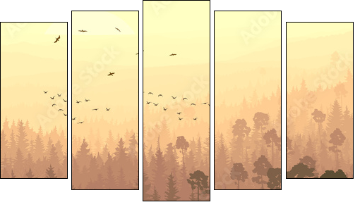 Wild birds in coniferous wood in morning fog. - Five-piece canvas print, Pentaptych