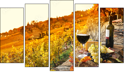 Glass of red wine on the terrace vineyard in Lavaux region, Swit - Five-piece canvas print, Pentaptych