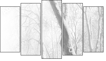Red benches in the fog in winter - Five-piece canvas print, Pentaptych