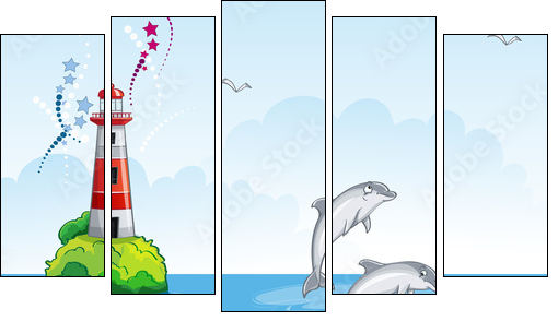 Children's illustration of the lighthouse and the sea dolphins. - Five-piece canvas print, Pentaptych
