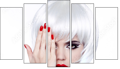 White Hair and Red Nails. Fashion Beauty Girl. Red lips. Manicur - Five-piece canvas print, Pentaptych