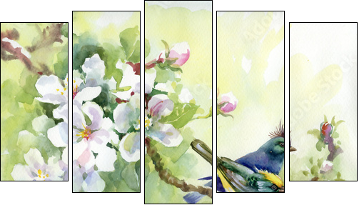 Painting collection Birds of spring - Five-piece canvas print, Pentaptych