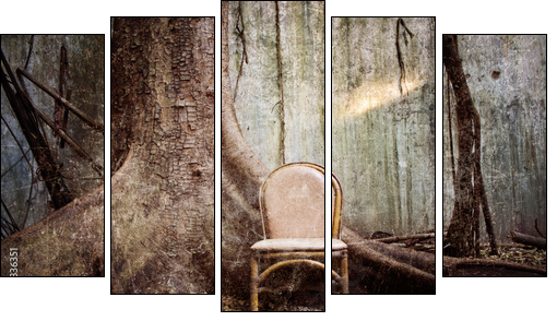 the tree, the old chair and the ruined wall - Grunge textured - Five-piece canvas print, Pentaptych