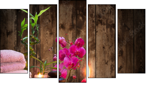 massage - bamboo - orchid, towels, candles stones - Five-piece canvas print, Pentaptych
