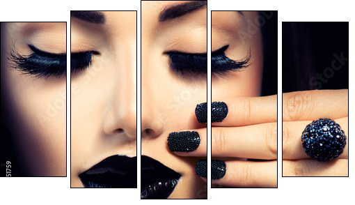 Beauty Fashion Girl with Trendy Caviar Black Manicure and Makeup - Five-piece canvas print, Pentaptych