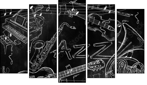 Jazz instruments music background - Five-piece canvas print, Pentaptych