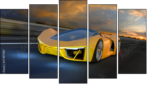 A yellow Future Fantasy Car on a Racing Track - Five-piece canvas print, Pentaptych