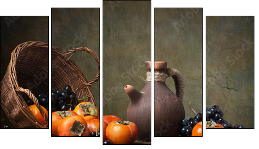 Still life with persimmons and grapes on the table - Five-piece canvas print, Pentaptych