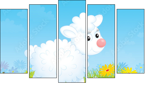 Little white sheep walking on a flowery meadow - Five-piece canvas print, Pentaptych