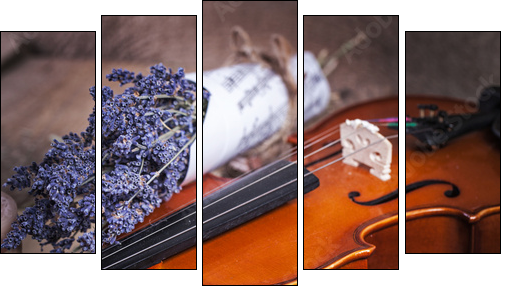 Vintage composition with violin and lavender - Five-piece canvas print, Pentaptych