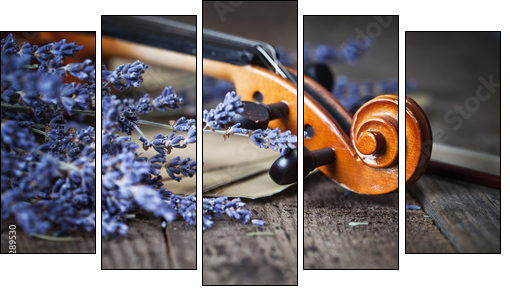 Vintage composition with violin and lavender - Five-piece canvas print, Pentaptych