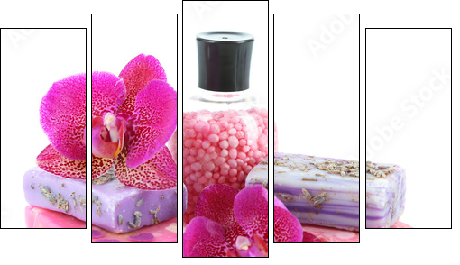 Sea salt, soap and orchid isolated on white - Five-piece canvas print, Pentaptych