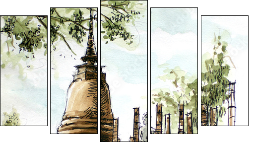thailand ancient  temple water color painting - Five-piece canvas print, Pentaptych