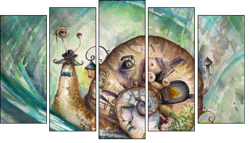 Snail with his house.Picture created with watercolors. - Five-piece canvas print, Pentaptych