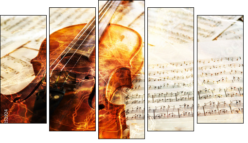 Old violin lying on the sheet of music - Five-piece canvas print, Pentaptych