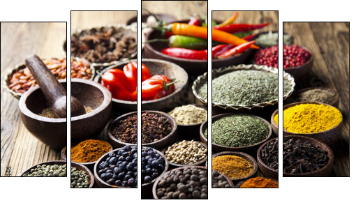 Spices on wooden bowl background  - Five-piece canvas print, Pentaptych