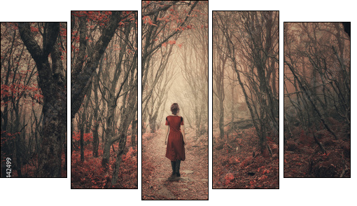 Woman and foggy forest. - Five-piece canvas print, Pentaptych