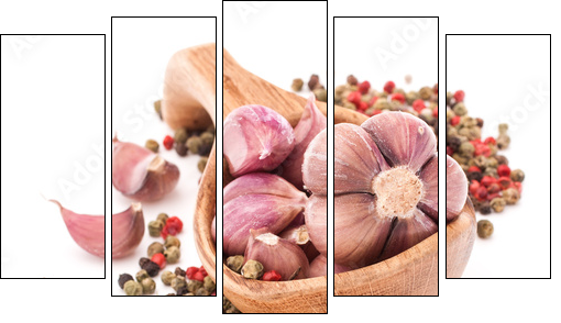 Garlic cloves in wooden bowl isolated on white background - Five-piece canvas print, Pentaptych