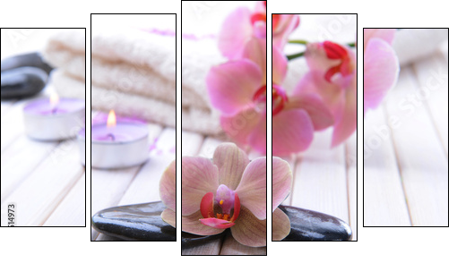 Still life with beautiful blooming orchid flower, towel and spa - Five-piece canvas print, Pentaptych