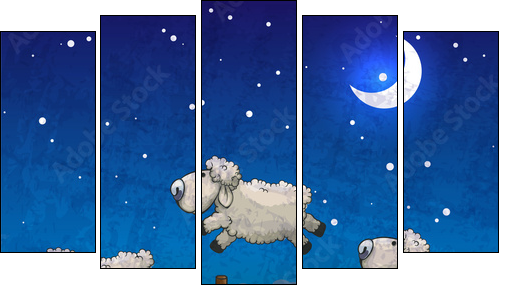 Three sheep  jumping over the fence. Count them to sleep. - Five-piece canvas print, Pentaptych
