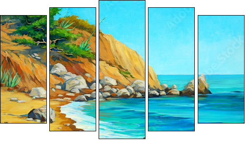 landscape of mediterranean sea with a beach and  bay, painting b - Five-piece canvas print, Pentaptych