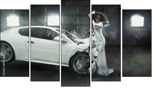 Alluring fashionable lady in the middle of car crash - Five-piece canvas print, Pentaptych