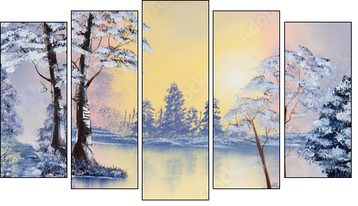 Painting of a pond in Winter - Five-piece canvas print, Pentaptych
