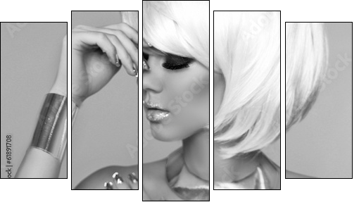 Fashion Blond Girl. Beauty Portrait Woman. Makeup. White Short H - Five-piece canvas print, Pentaptych